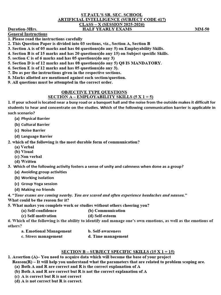 Class X AI Half Yearly Exam Paper | PDF | Artificial Intelligence ...