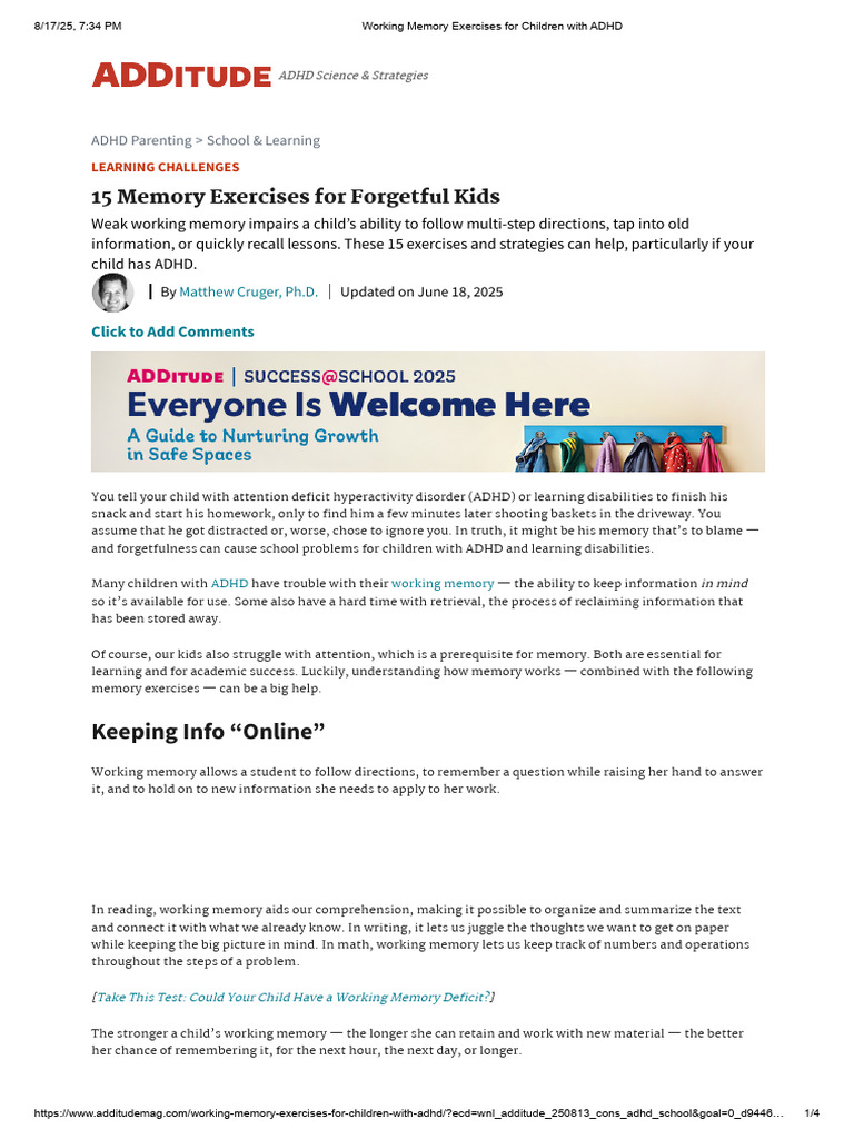 Memory Exercises for ADHD Kids | PDF | Working Memory | Memory