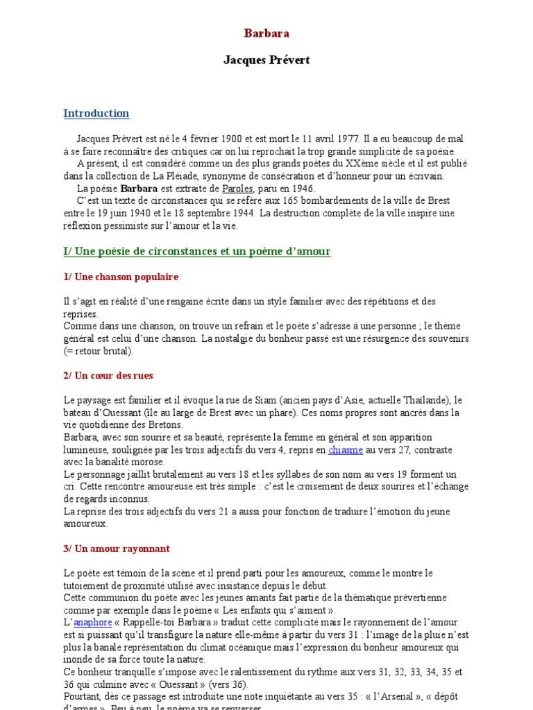 Jacques Prevert Barbara Doc Poesie Metaphore