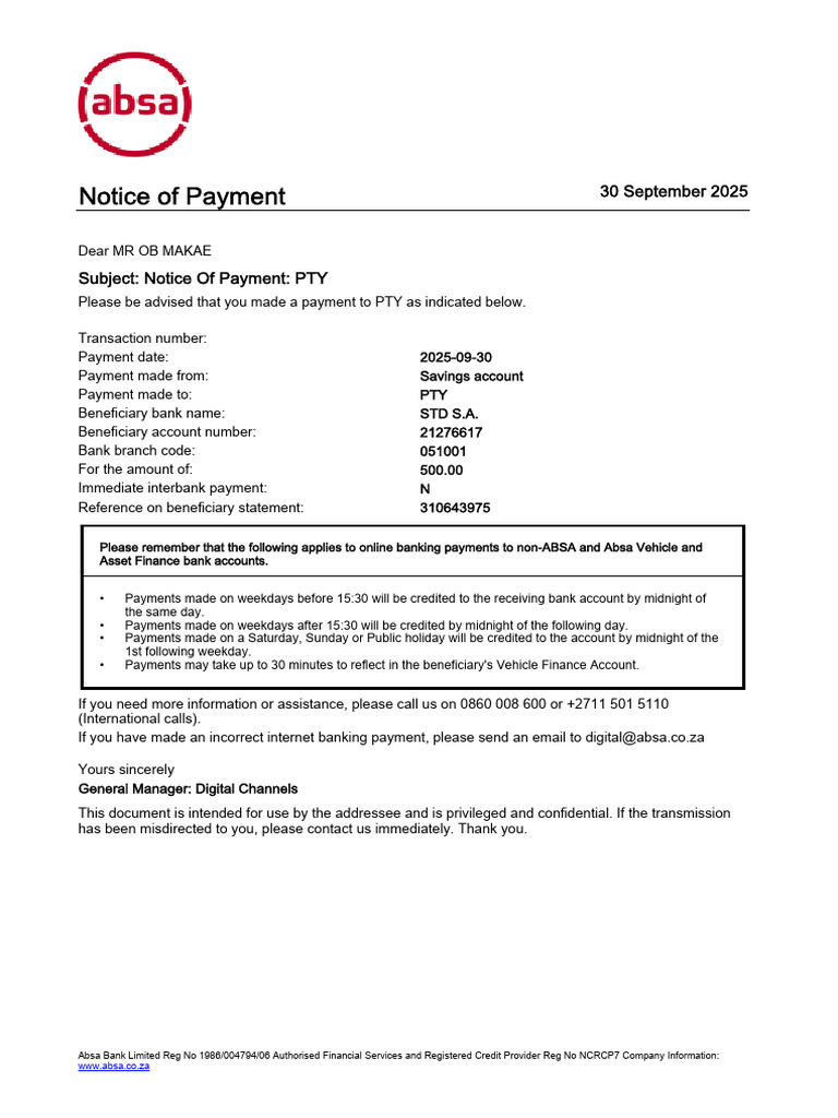 Absa Payment Notice for PTY Transaction | PDF