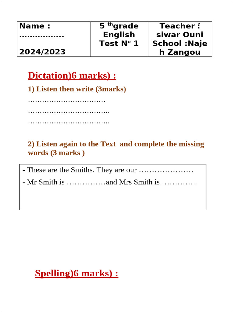 5th Grade English Test Instructions | PDF