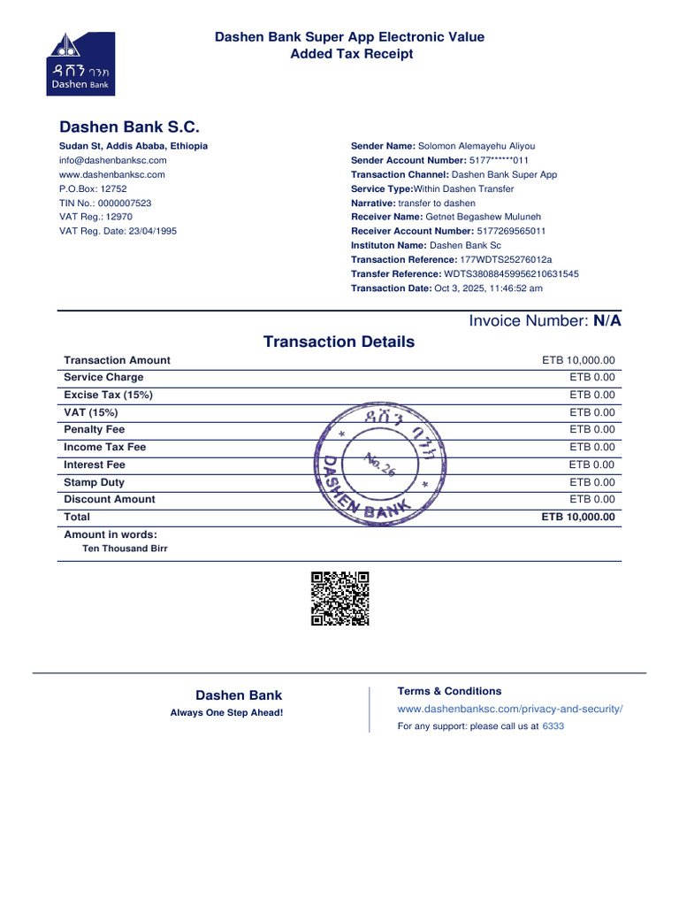 Dashen Bank VAT Receipt Details | PDF | Taxes | Value Added Tax