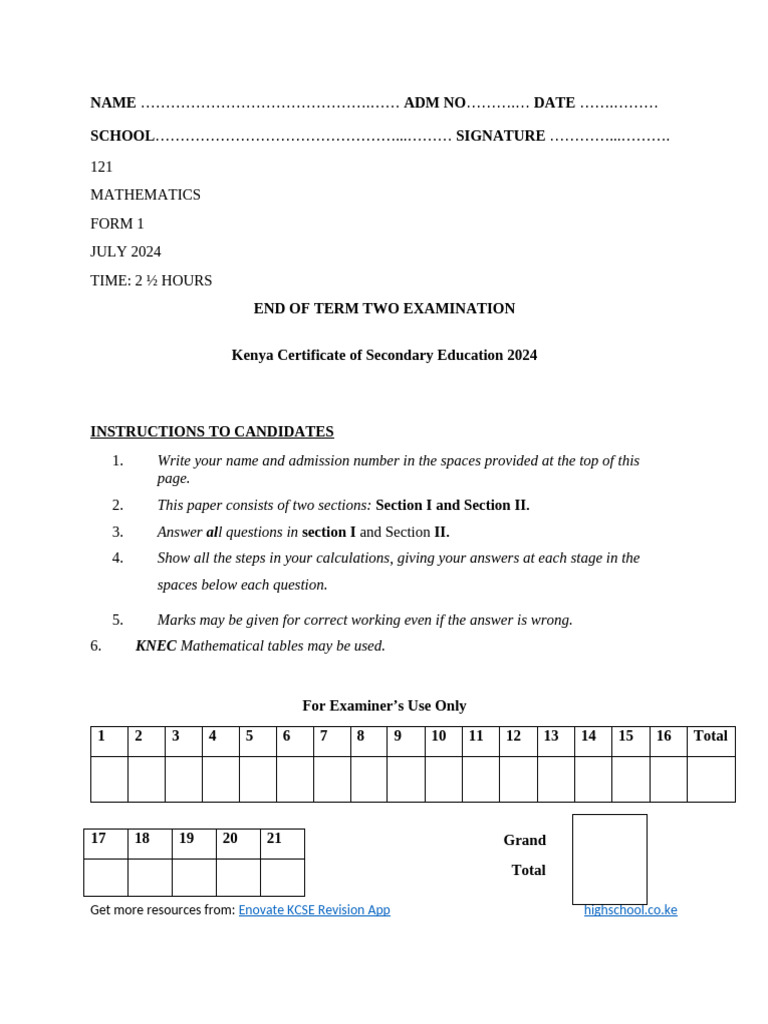 Mathematics Form 1 Opener Term 3 2024 Qs | PDF