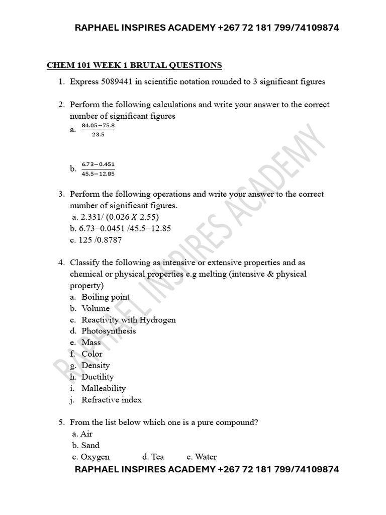 CHEM 101 Week 1 & 2 Study Questions | PDF | Chemical Elements | Isotope