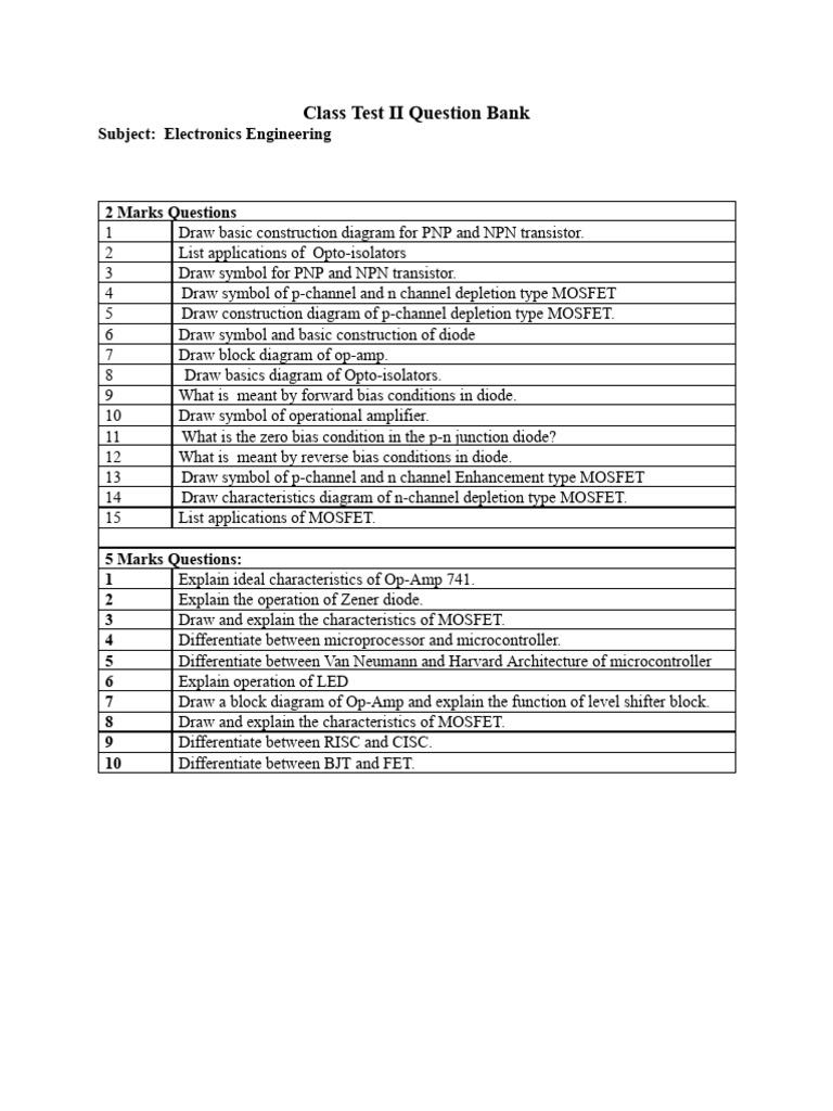 Electronics Engineering Class Test Questions | PDF
