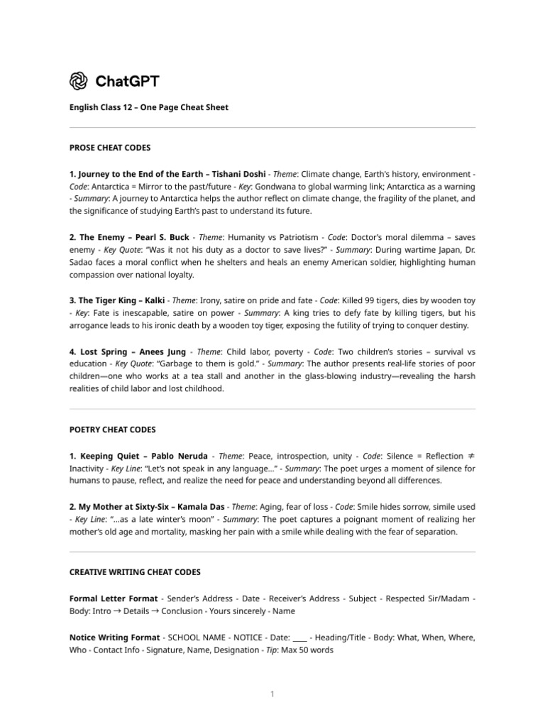 Class 12 English Cheat Sheet Guide | PDF
