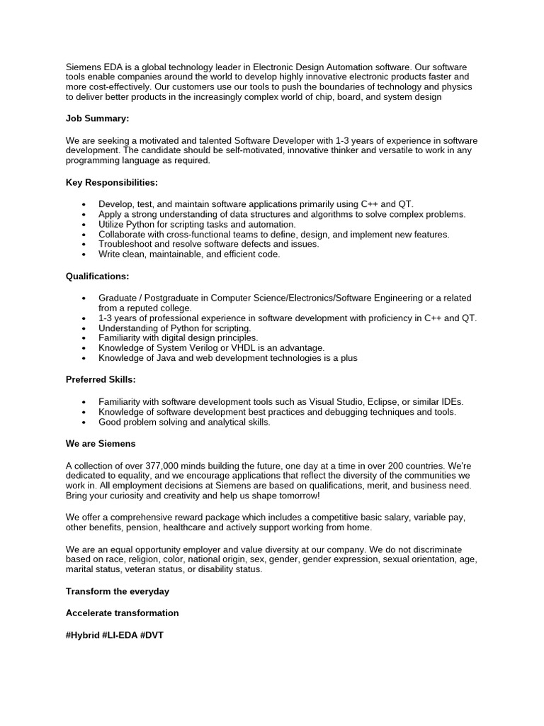 Software Developer Position at Siemens EDA | PDF | Software Development ...