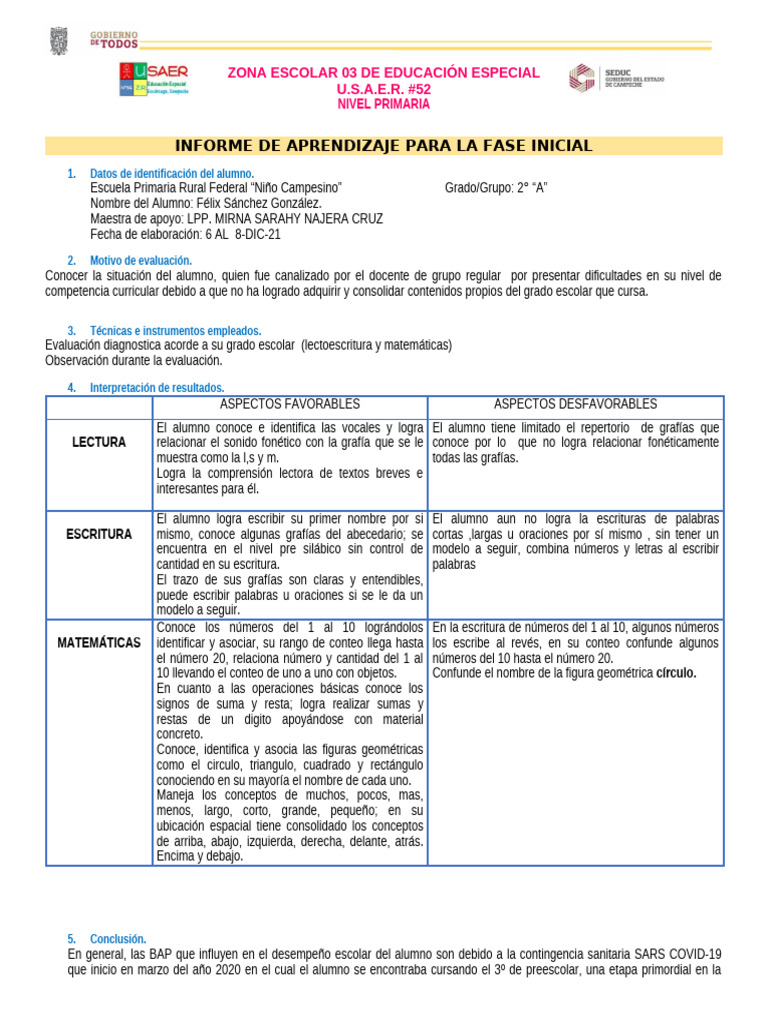 Informe de Evaluación Inicial Escolar | PDF | Enseñando | Educación ...