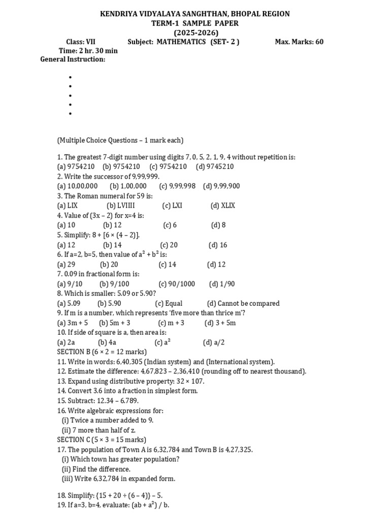 Class VII Mathematics Sample Paper 2025-26 | PDF | Numbers | Mathematics