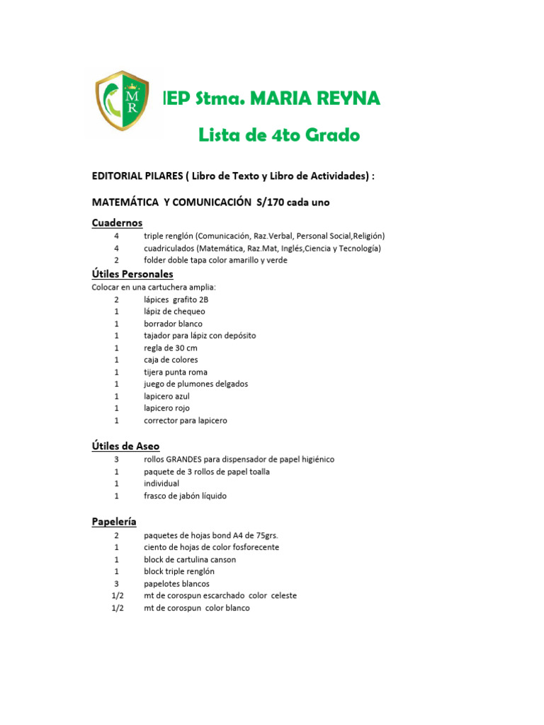 Lista de Útiles 4to Grado IEP Stma. María Reyna | PDF | Lápiz | Arco iris
