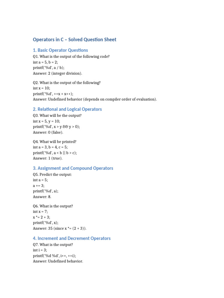Operators in C Solved Questions | PDF