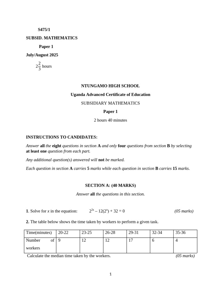 UACE Subsidiary Mathematics Paper 1 | PDF | Probability Distribution ...