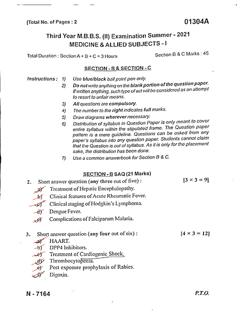 SN Summer 2021 Final MBBS Papers | PDF