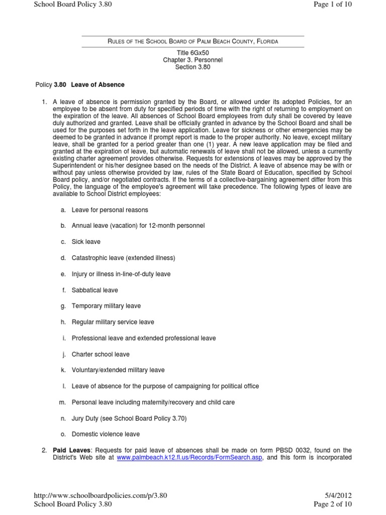 Palm Beach County School District Leave Policy | PDF | Sick Leave |  Employment