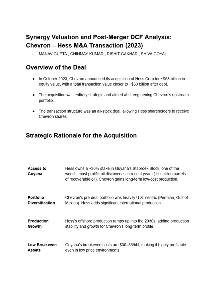 Synergy Valuation and Post-Merger DCF Analysis - Chevron - Hess M&a ...
