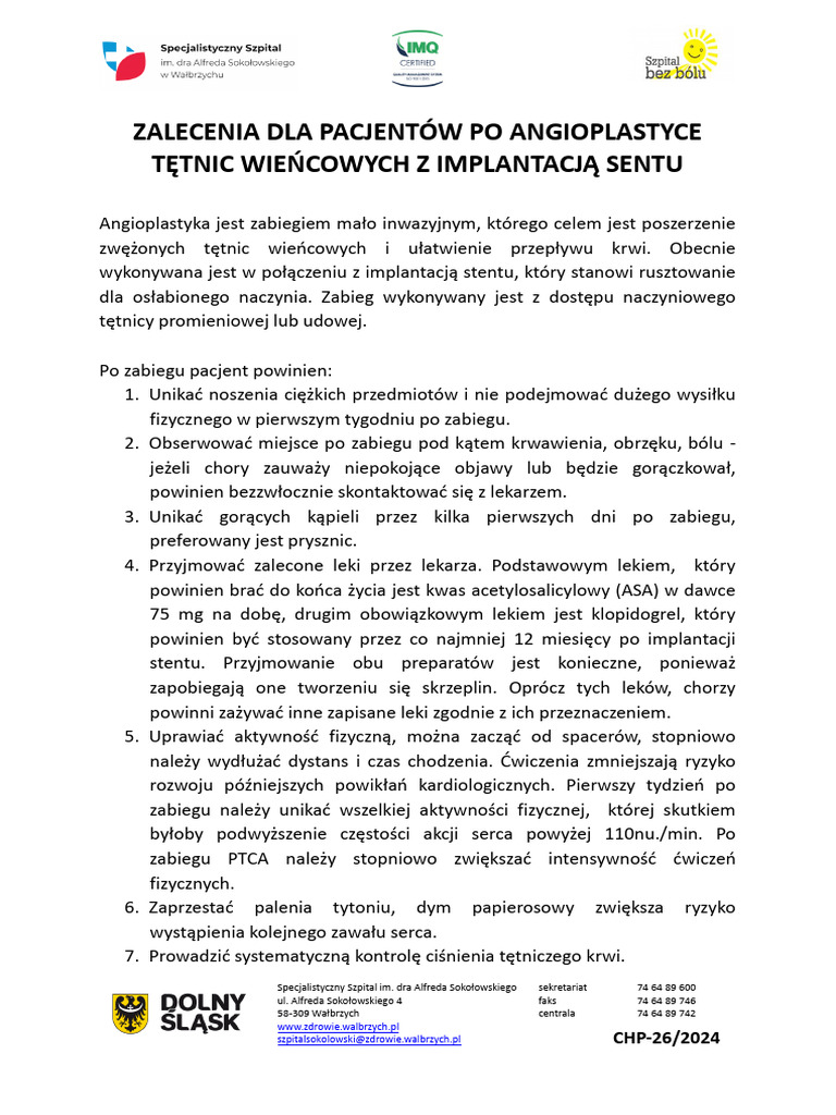 CHP 26 Zalecenia Dla Pacjentow Po Angioplastyce Tetnic Wiencowych Z ...