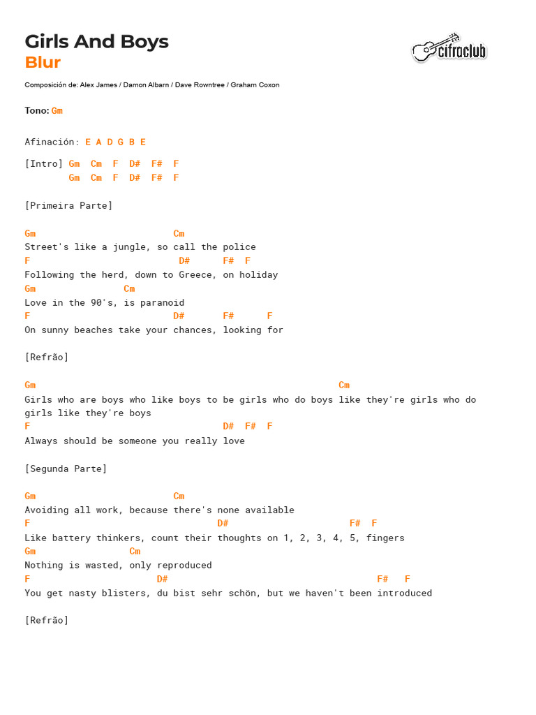 Cifra Club - Blur - Girls and Boys | PDF | Pop Songs | Alternative Rock