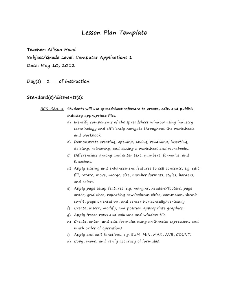 Daily Lesson Plan Folder 6 Spreadsheet Computing