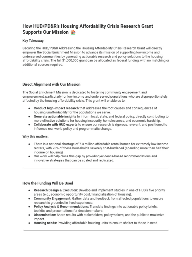 HUD Grant for Housing Affordability Research | PDF | Affordable Housing ...