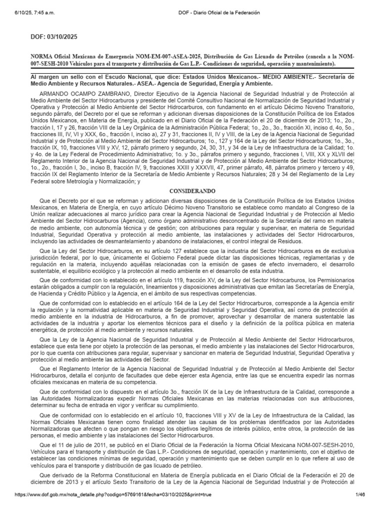 NOM-EM-007-ASEA-2025: Gas L.P. | PDF | México | Petróleo