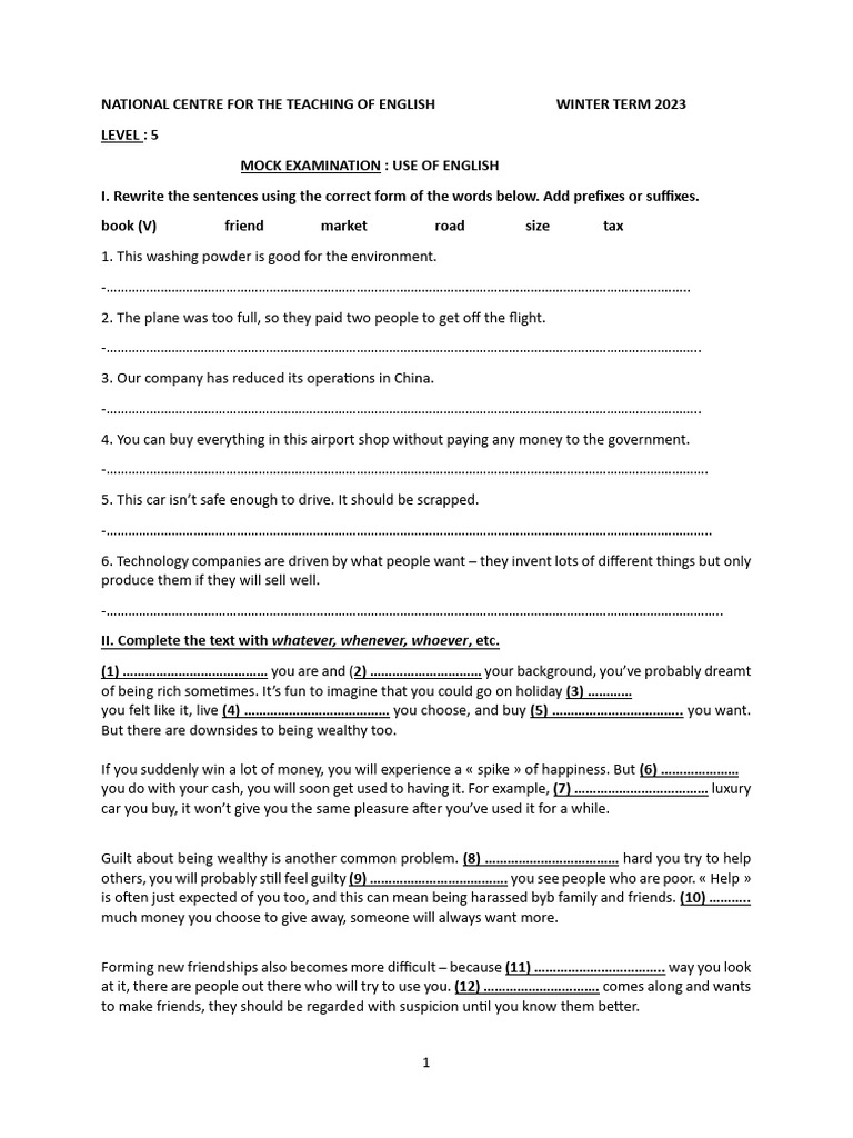 Winter 2023 English Mock Exam Guide | PDF | Linguistics