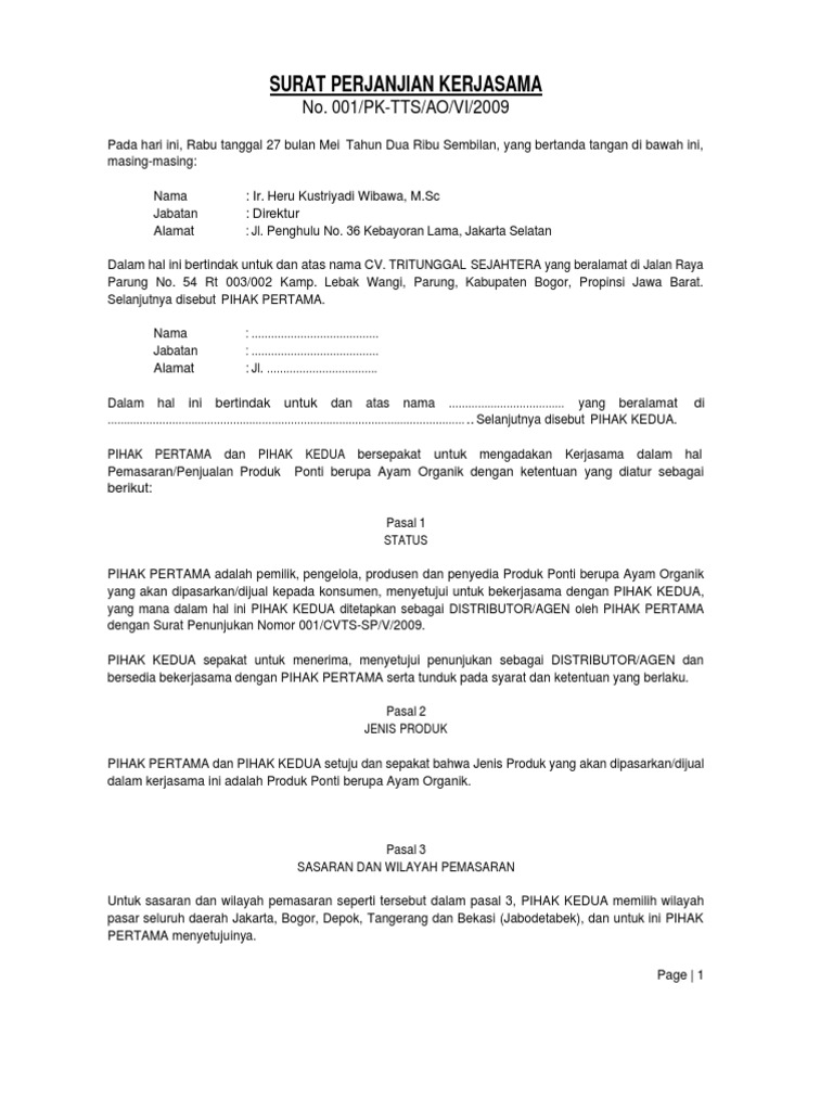 Surat Perjanjian Kerjasama Keagenan Ayam Ponti Pdf