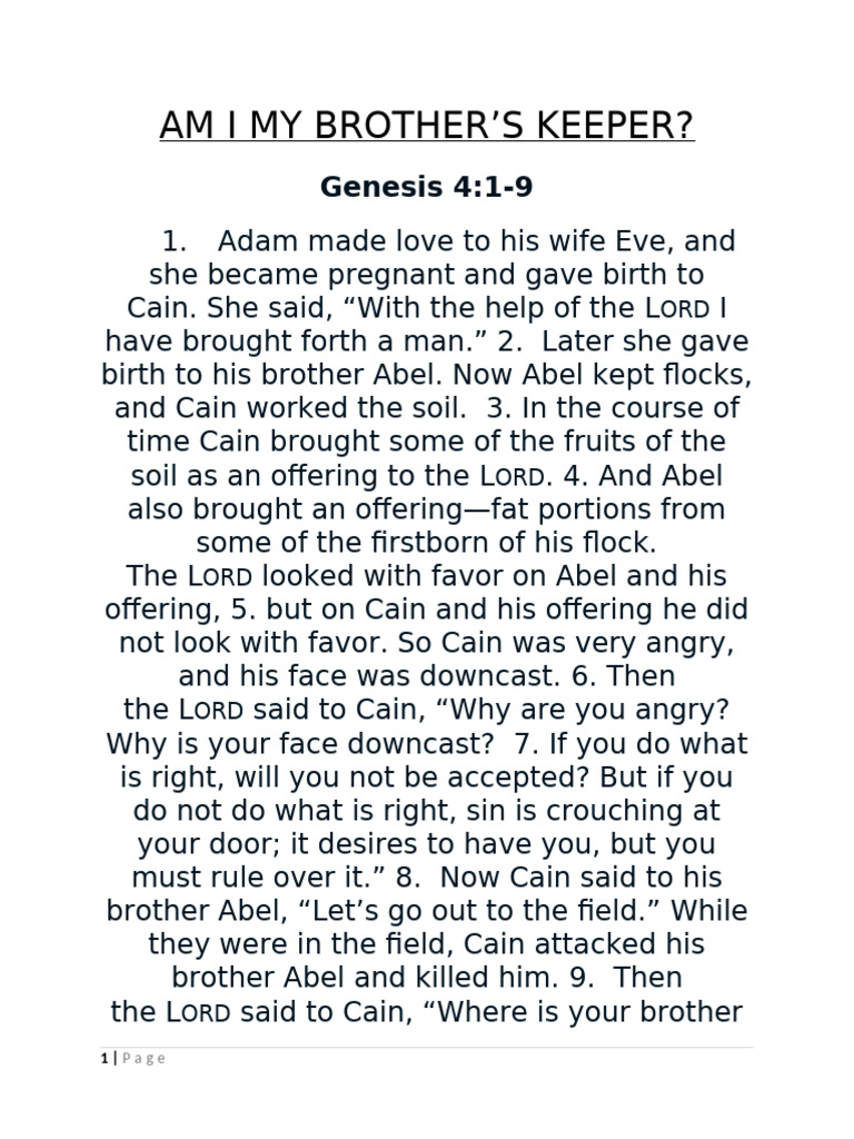 Am I My Brothers Keeper | PDF | Cain And Abel | Religious Belief And ...
