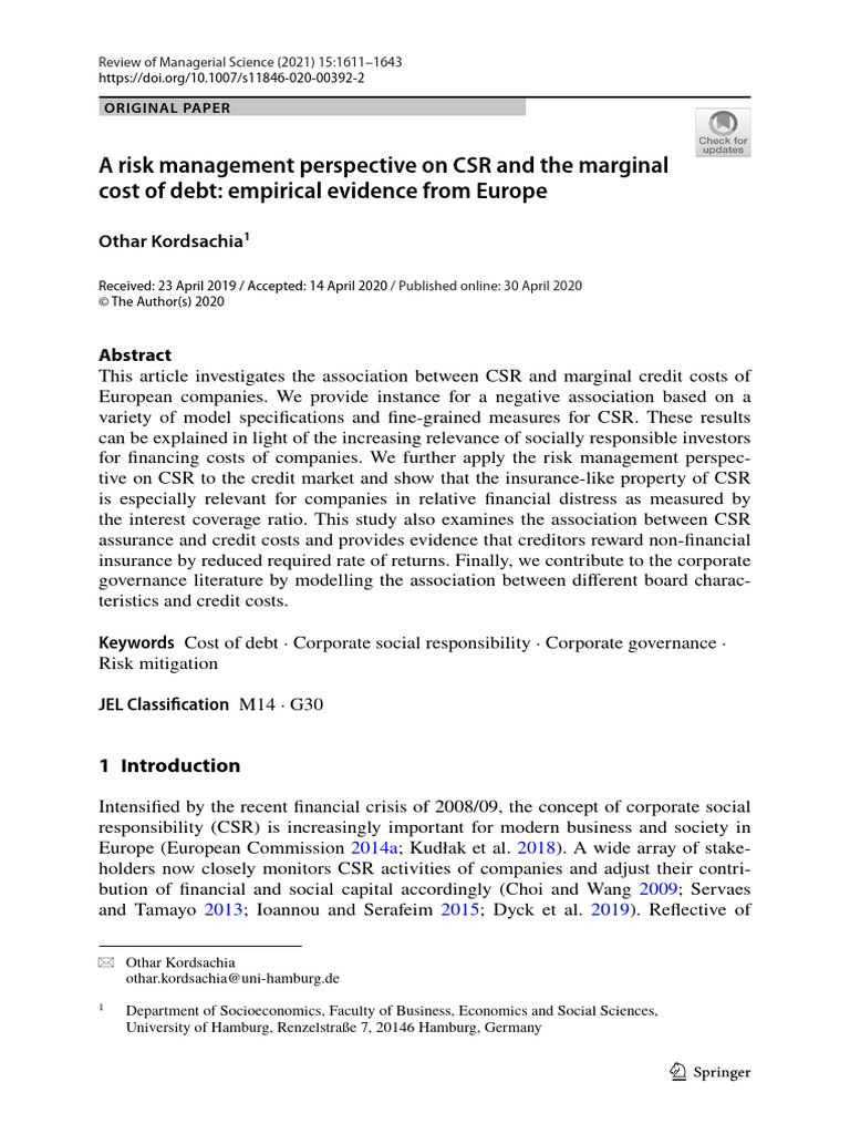 CSR Impact on Debt Costs in Europe | PDF | Corporate Social ...