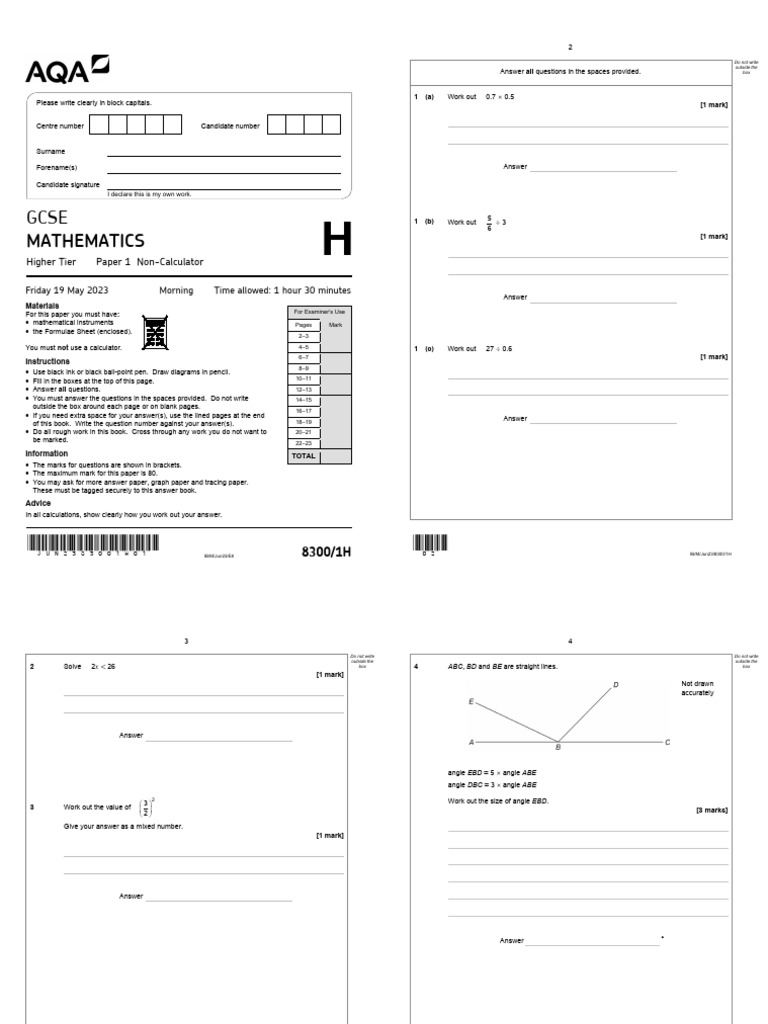 Question Paper (Higher) - Paper 1 Non-Calculator - June 2023 | PDF ...