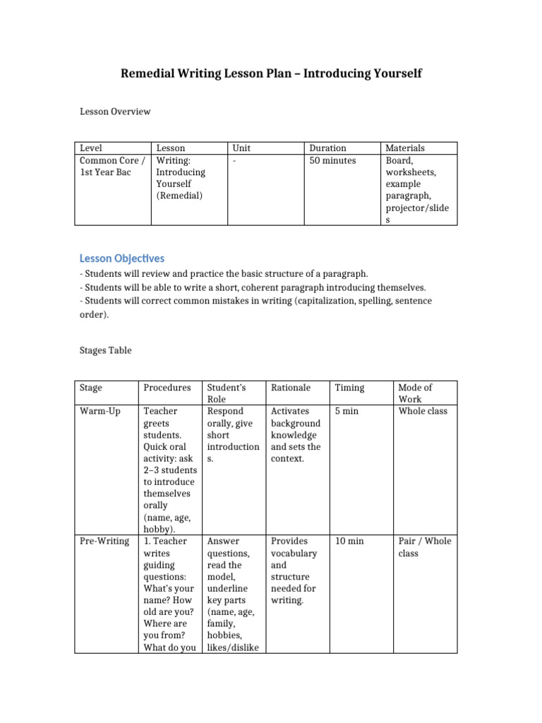 Remedial Writing: Self-Introduction Lesson | PDF | Teaching | Education ...