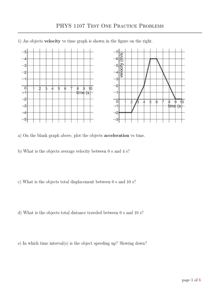 1107 Test One Practice Problems | PDF | Velocity | Acceleration
