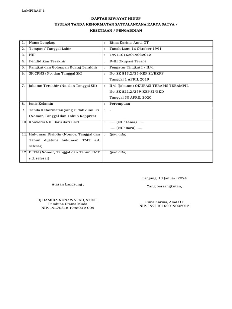 Usulan Tanda Kehormatan Rima Karina | PDF