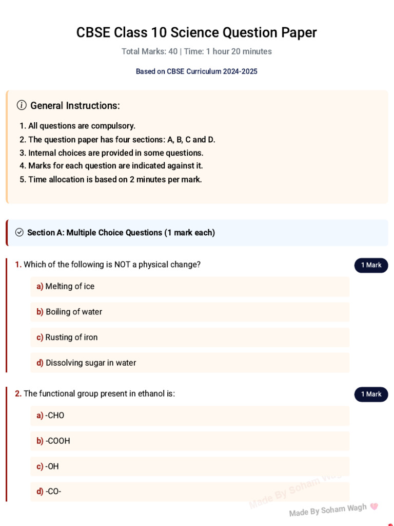 CBSE Class 10 Science Question Paper | PDF | Hormone