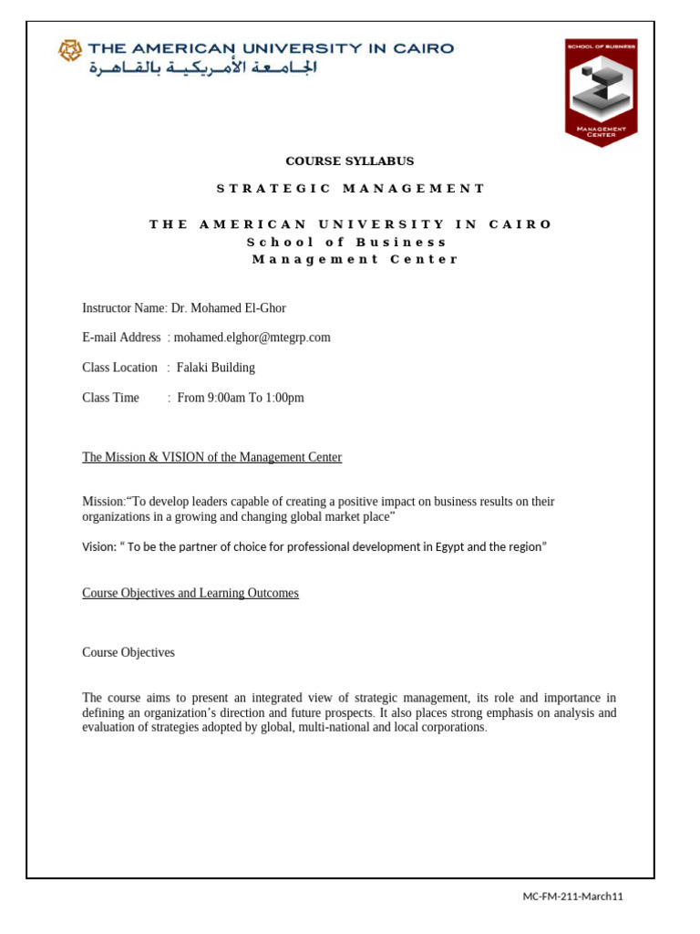 Strategic Management Course Syllabus | PDF | Strategic Management ...