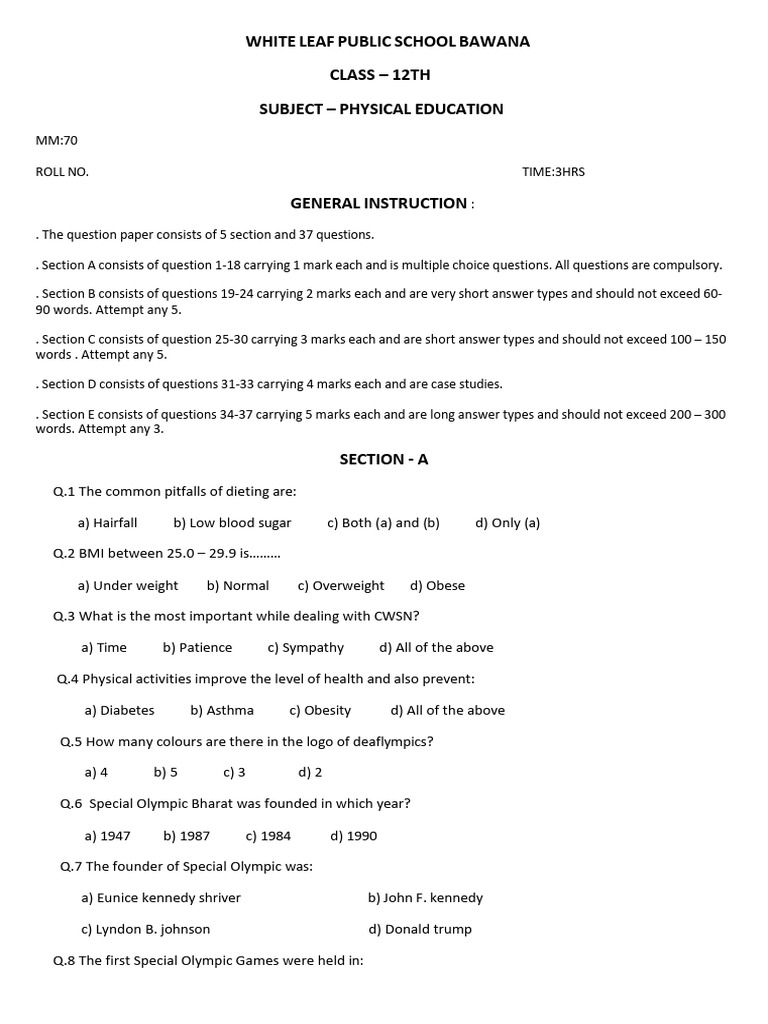 Class 12 Physical Education Exam Paper | PDF | Asana | Obesity