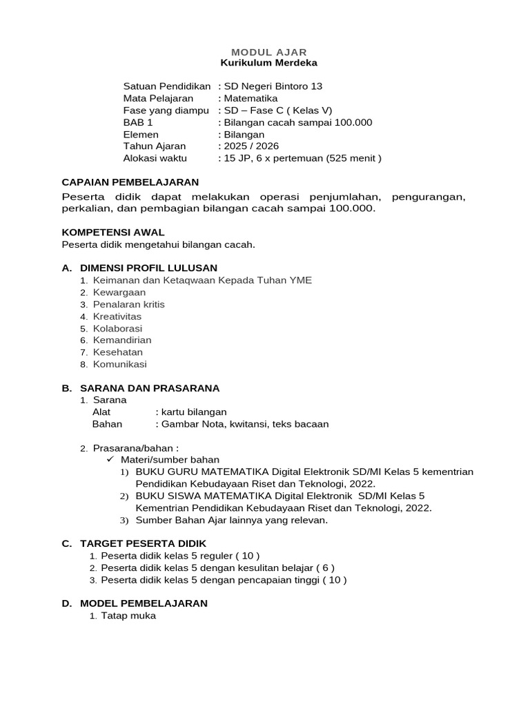 Modul Ajar Matematika Kelas V SD | PDF