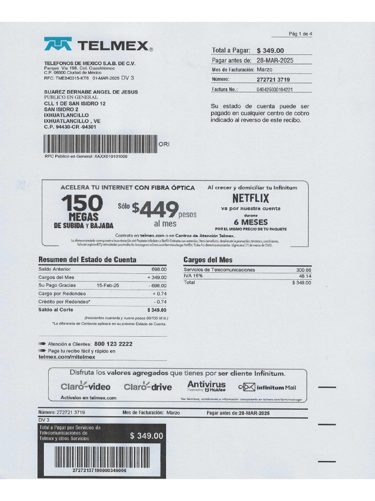 Comprobante Telmex | PDF