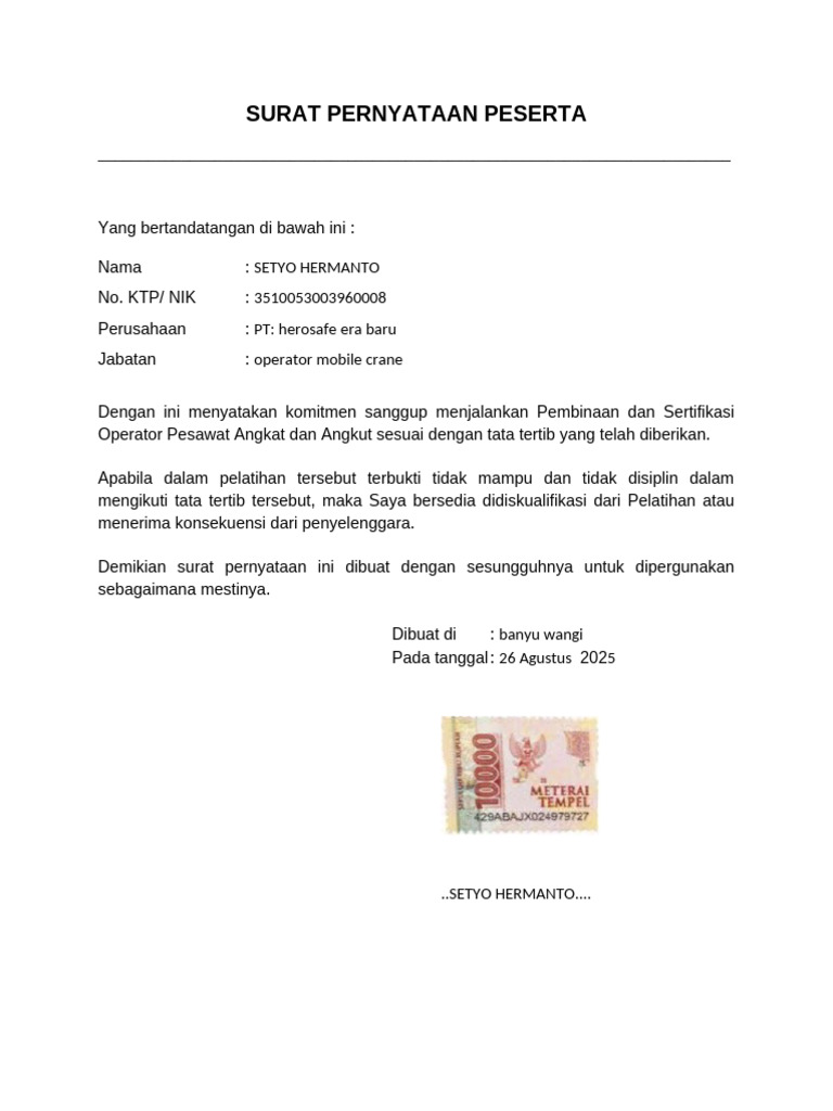 (Draft) Surat Pernyataan Peserta | PDF