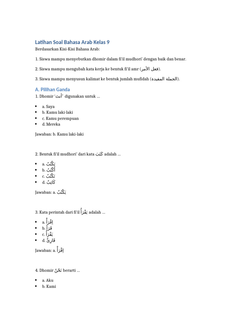 Latihan Soal Bahasa Arab Kelas 9 | PDF