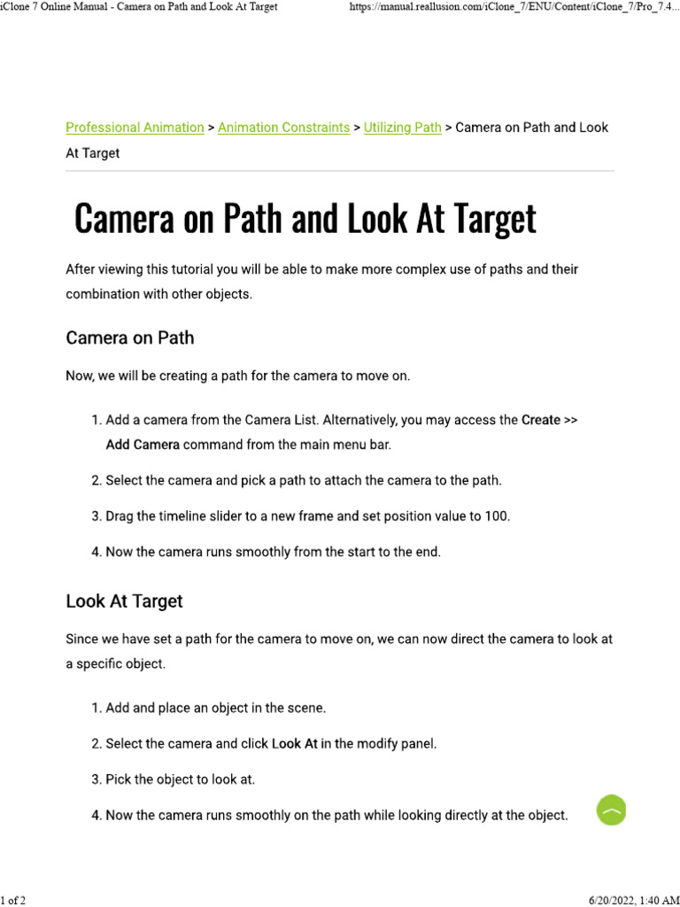 IClone 7 Online Manual - Camera On Path and Look at Target | PDF
