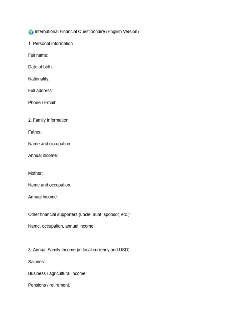 International Financial Questionnaire | PDF