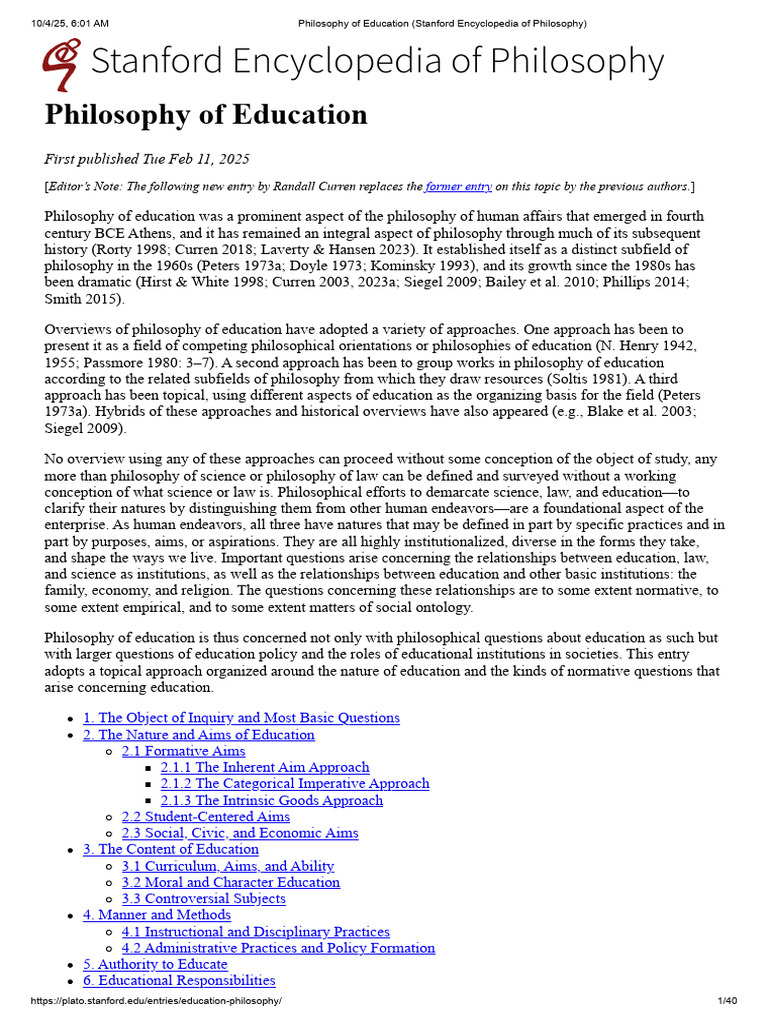 W1 Philosophy of Education (Stanford Encyclopedia of Philosophy) | PDF ...