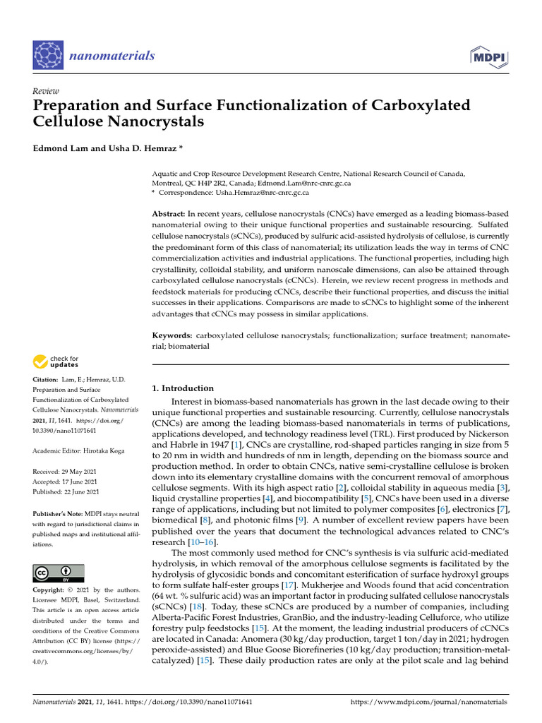 Carboxylated Cellulose Nanocrystals Review | PDF | Acid | Cellulose