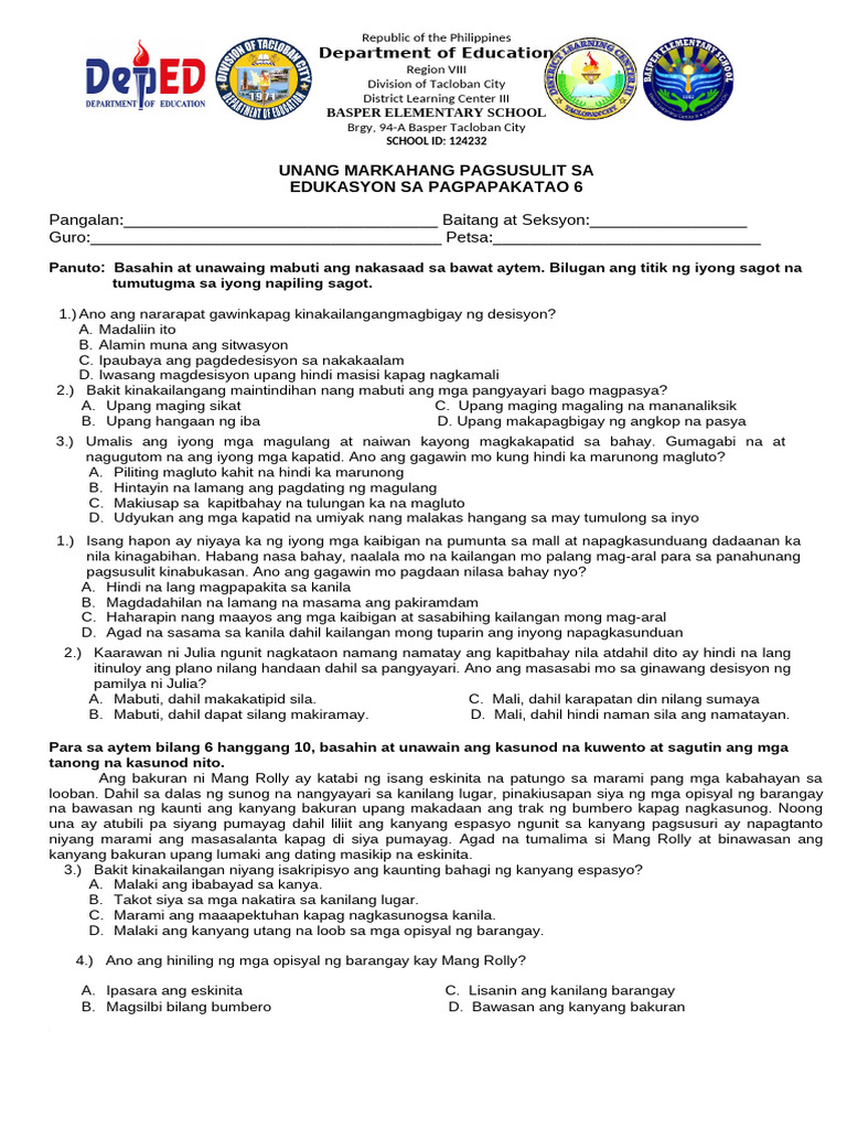 1st Quarter Test in Esp 6 | PDF