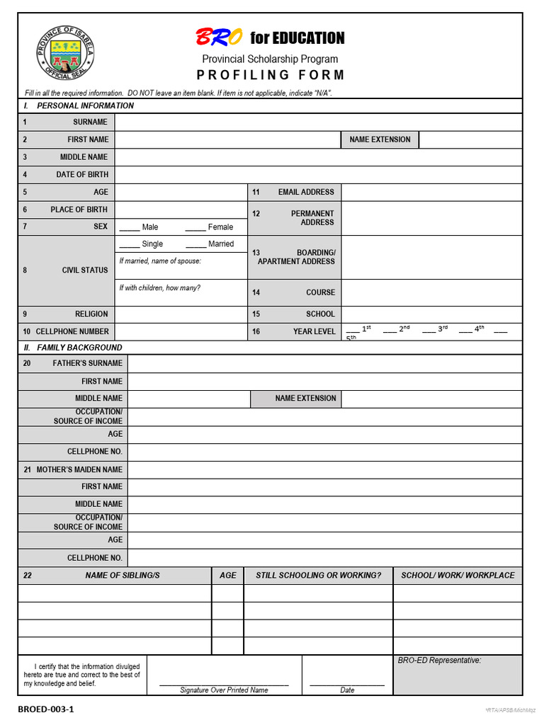 BRO Education Scholarship Profiling Form | PDF