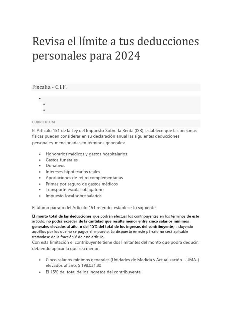 Revisa El Límite A Tus Deducciones Personales para 2024 | PDF ...