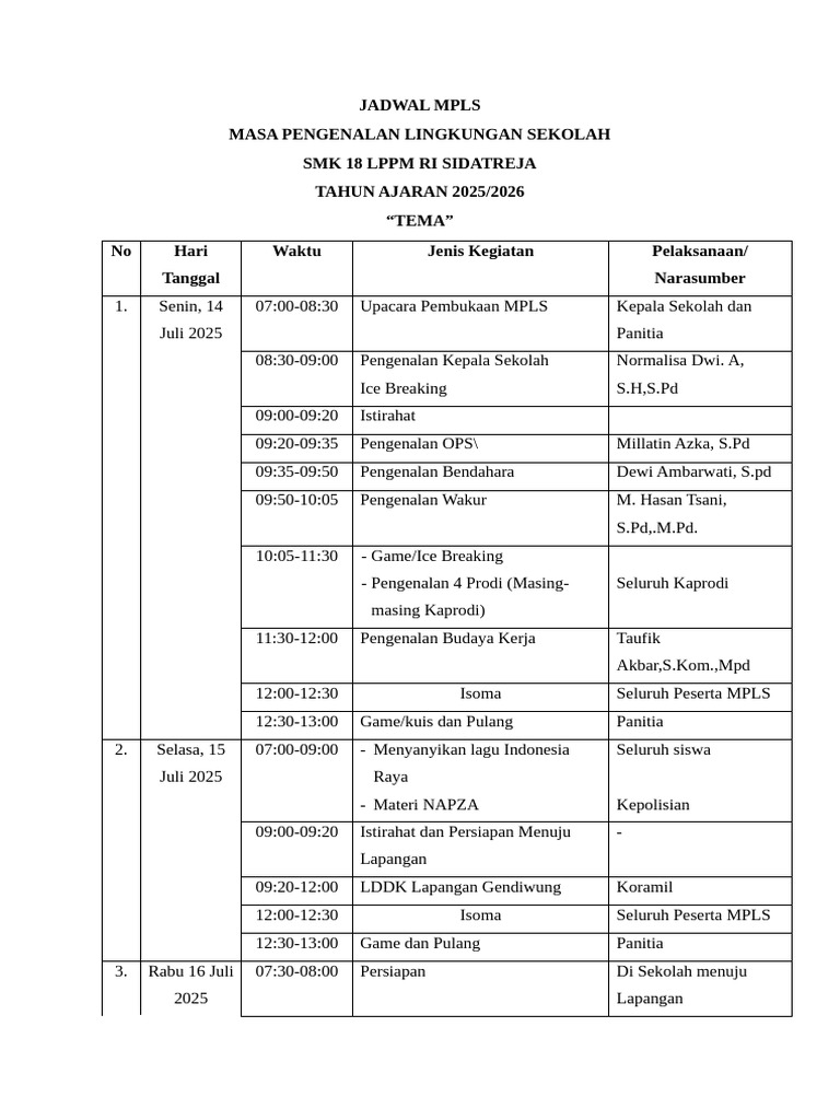 Jadwal MPLS SMK 18 LPPM RI 2025 | PDF