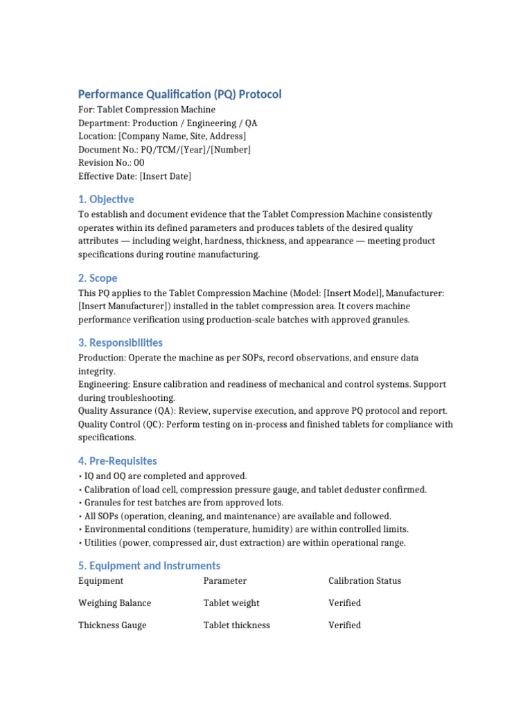 Performance Qualification Protocol Tablet Compression Machine | PDF ...