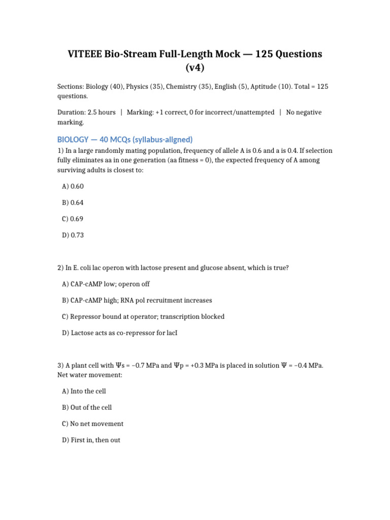 VITEEE BioStream NEET Level Full Paper 125Q v4 Set 1 | PDF | Dominance ...