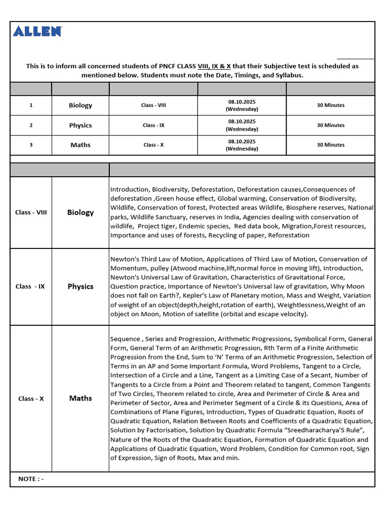 8th Oct Subjective Test Notice | PDF | Circle | Quadratic Equation
